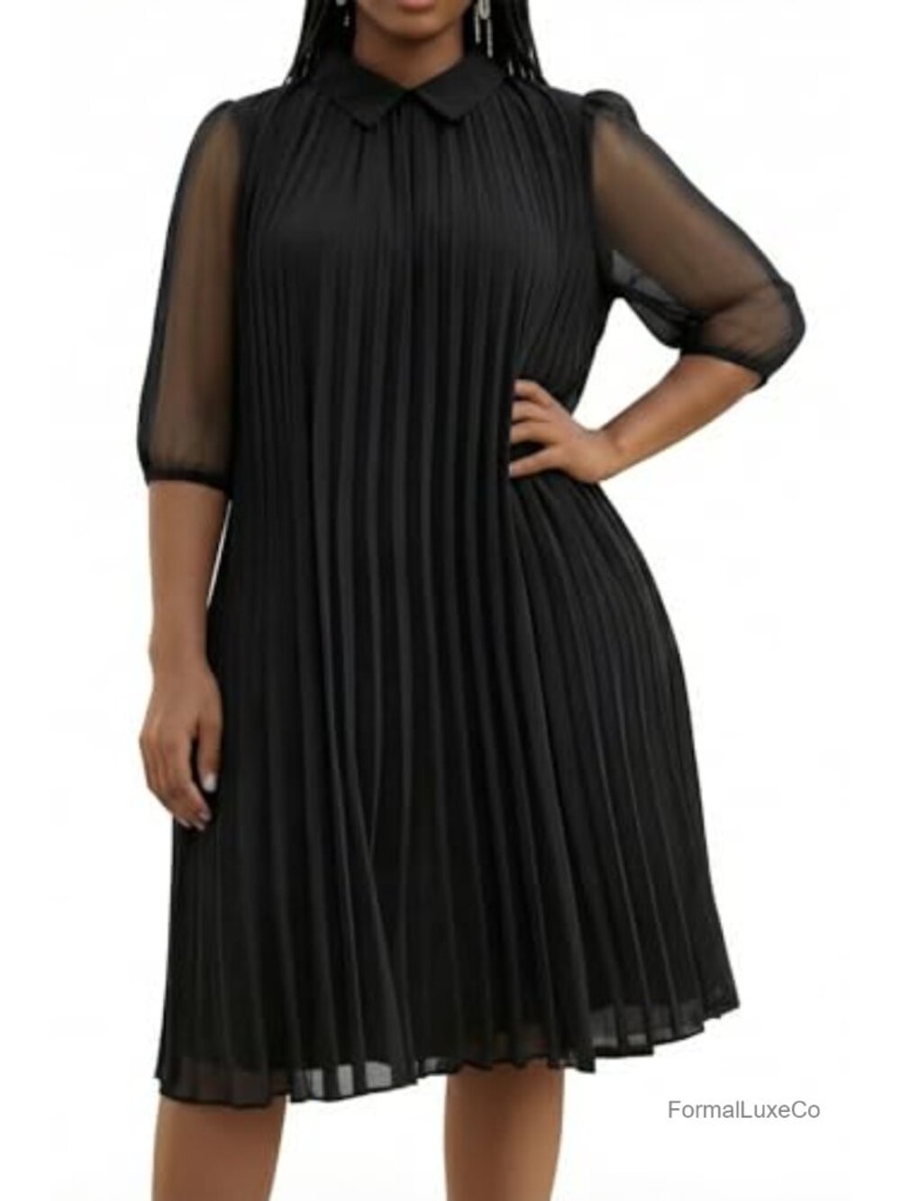 Elegant Pleated Midi Dress Peter Pan Collar Loose Fit Cocktail Sundress